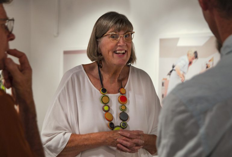 Darlene Kaczmarczyk chats with Art faculty after artist talk