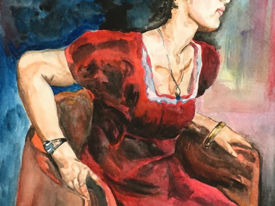 portrait of a woman in a chair wearing a red dress by Emily Broadwell