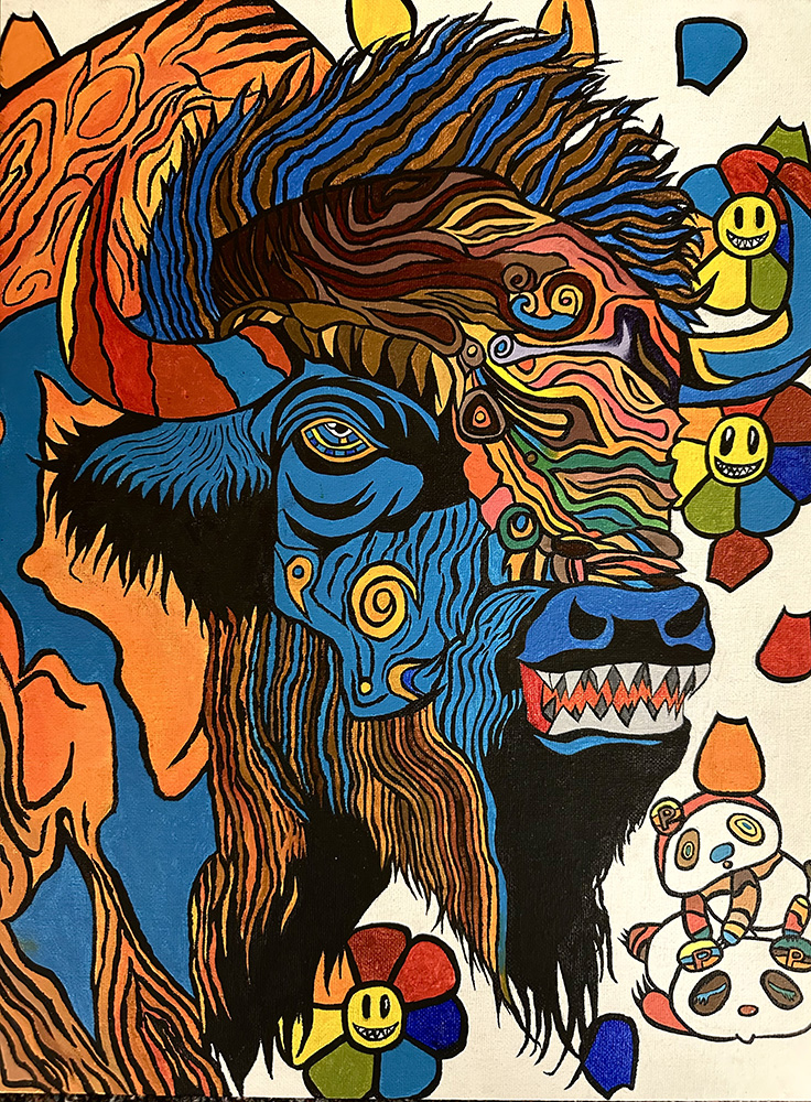 a colorful painting of a bison in the style of Takashi Murakami